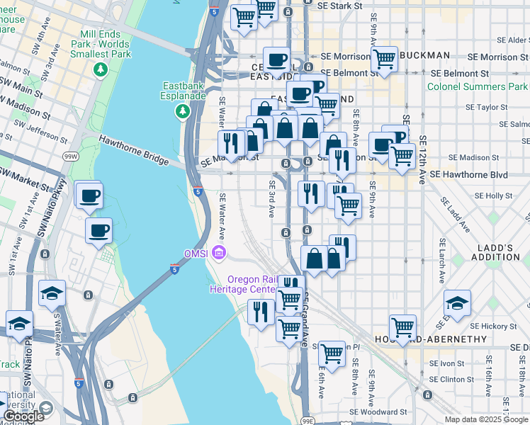 map of restaurants, bars, coffee shops, grocery stores, and more near 1709 Southeast 3rd Avenue in Portland