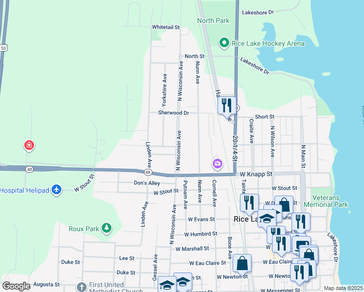 map of restaurants, bars, coffee shops, grocery stores, and more near 841 North Wisconsin Avenue in Rice Lake