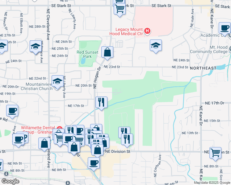 map of restaurants, bars, coffee shops, grocery stores, and more near 2018 Northeast 19th Street in Gresham