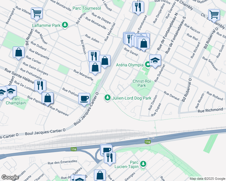 map of restaurants, bars, coffee shops, grocery stores, and more near 950 Rue Dubuisson in Longueuil