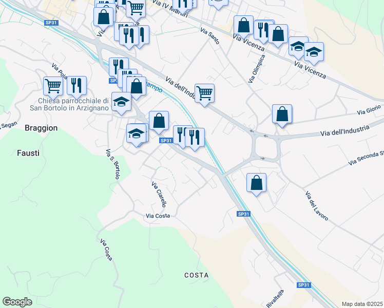 map of restaurants, bars, coffee shops, grocery stores, and more near 36 Via Montorso in Arzignano