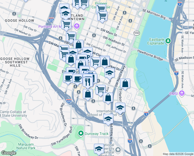 map of restaurants, bars, coffee shops, grocery stores, and more near 1900 Southwest 4th Avenue in Portland