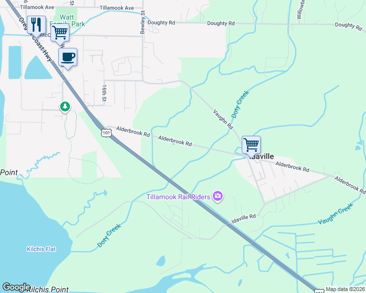 map of restaurants, bars, coffee shops, grocery stores, and more near 7705 Alderbrook Road in Tillamook