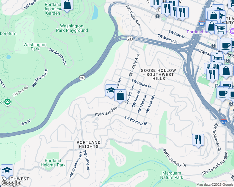 map of restaurants, bars, coffee shops, grocery stores, and more near 2040 Southwest Laurel Street in Portland