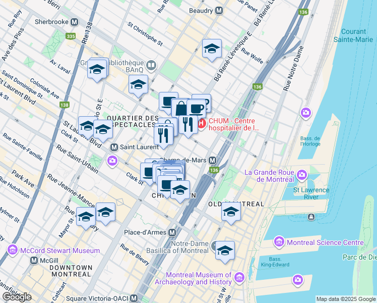 map of restaurants, bars, coffee shops, grocery stores, and more near 1060 Rue Sainte Élisabeth in Montréal