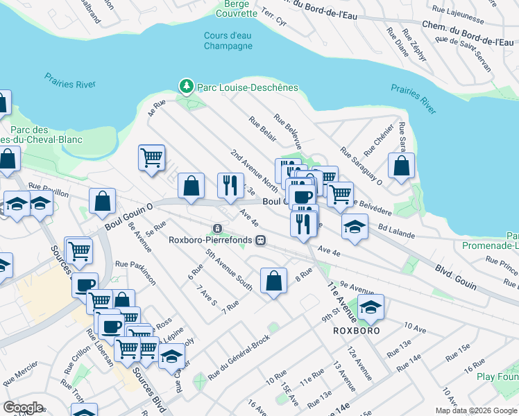 map of restaurants, bars, coffee shops, grocery stores, and more near 10438 Boulevard Gouin Ouest in Montréal