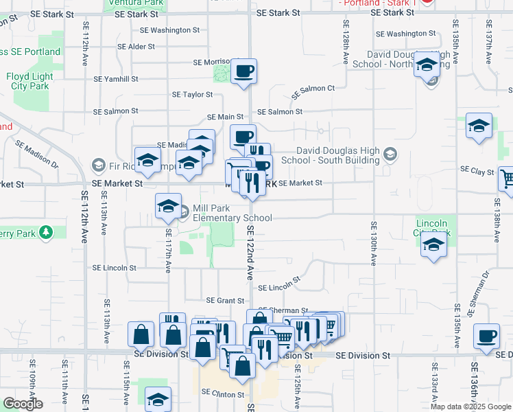 map of restaurants, bars, coffee shops, grocery stores, and more near 1843 Southeast 122nd Avenue in Portland