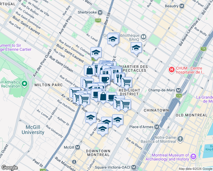 map of restaurants, bars, coffee shops, grocery stores, and more near 65 Rue Ontario Ouest in Montreal