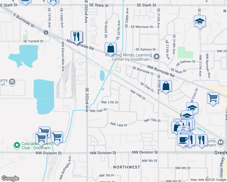 map of restaurants, bars, coffee shops, grocery stores, and more near 1926 Northwest 18th Street in Gresham