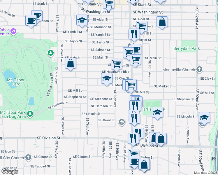 map of restaurants, bars, coffee shops, grocery stores, and more near 1827 Southeast 80th Avenue in Portland