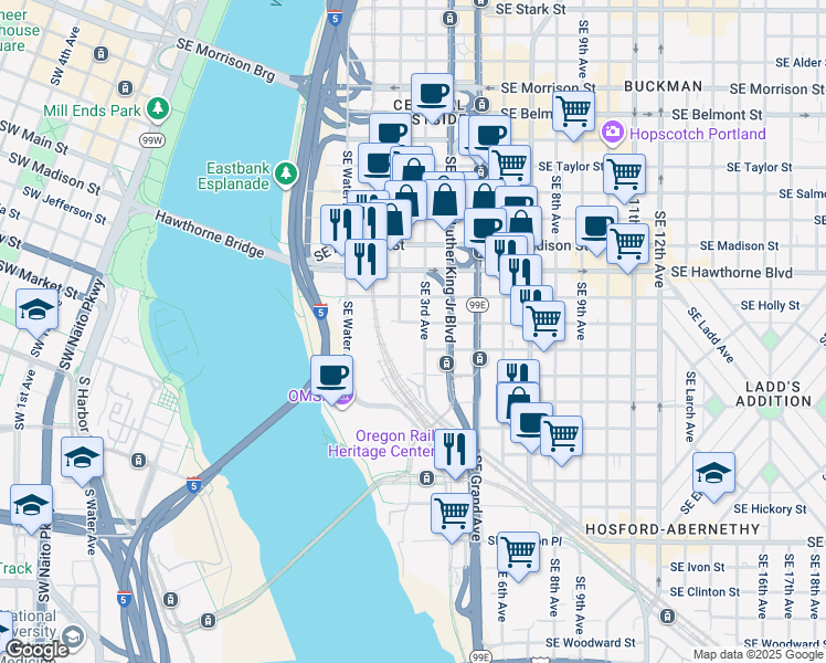 map of restaurants, bars, coffee shops, grocery stores, and more near 1845 SE 3rd Ave in Portland
