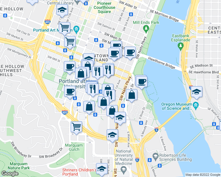 map of restaurants, bars, coffee shops, grocery stores, and more near in Portland
