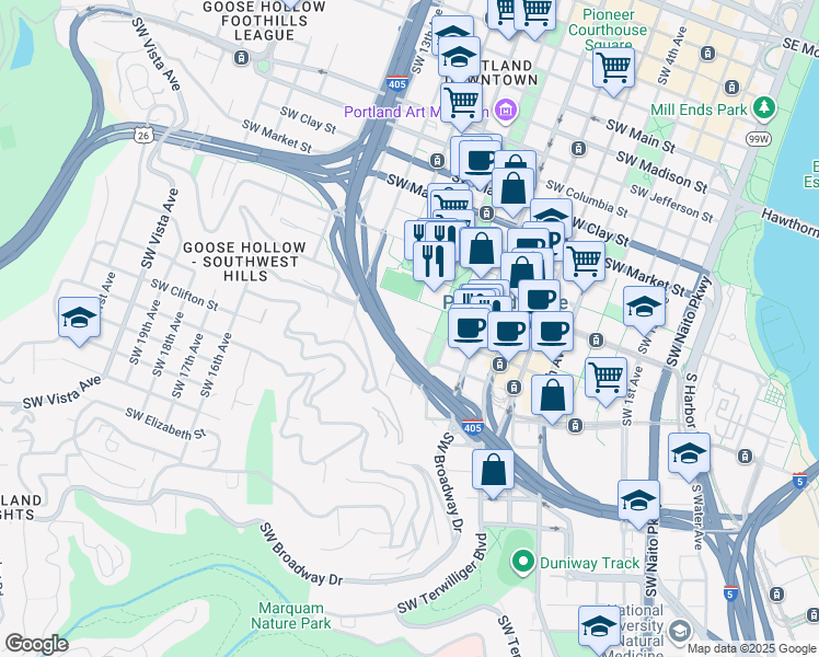 map of restaurants, bars, coffee shops, grocery stores, and more near 1949 Southwest Park Avenue in Portland