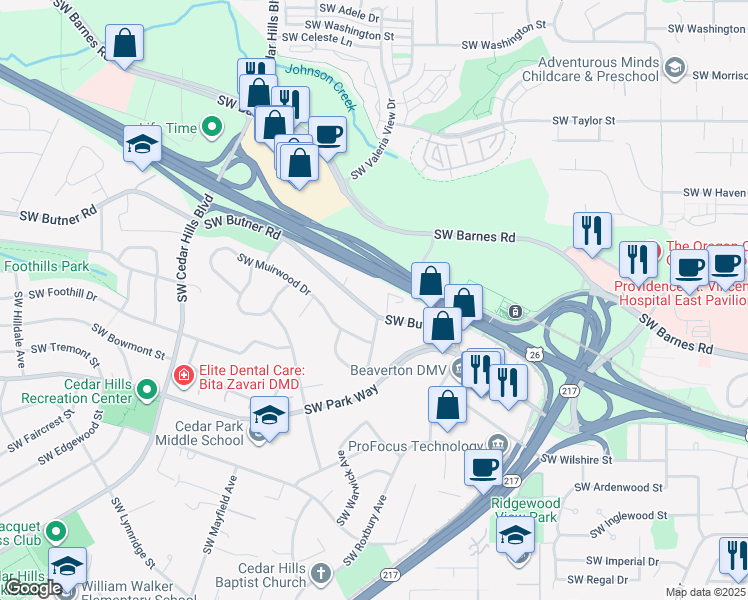 map of restaurants, bars, coffee shops, grocery stores, and more near 1355 Southwest Woodward Way in Portland
