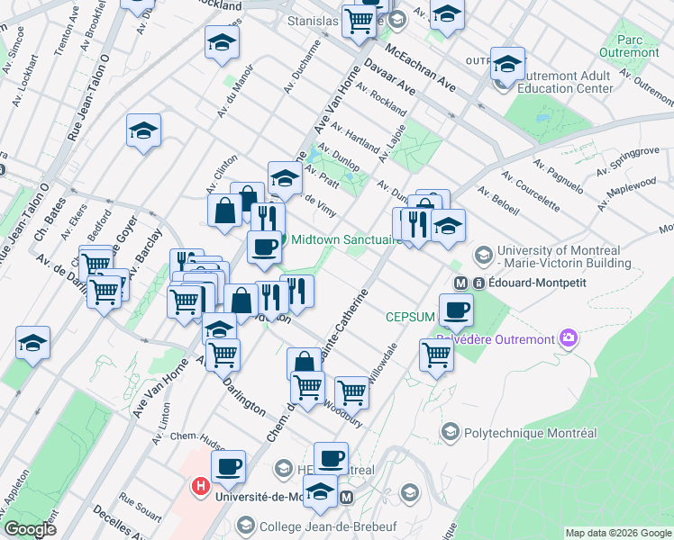 map of restaurants, bars, coffee shops, grocery stores, and more near in Montreal