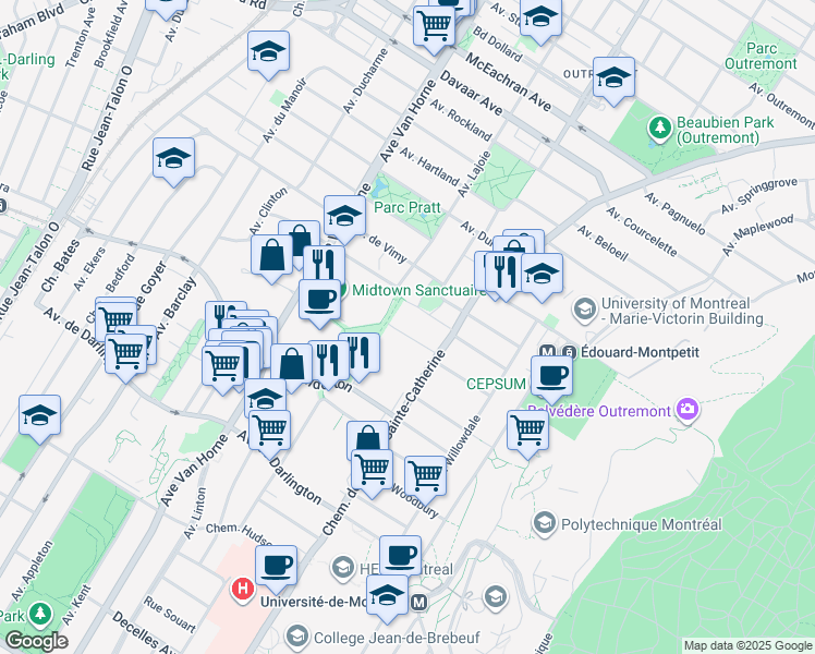 map of restaurants, bars, coffee shops, grocery stores, and more near in Montreal