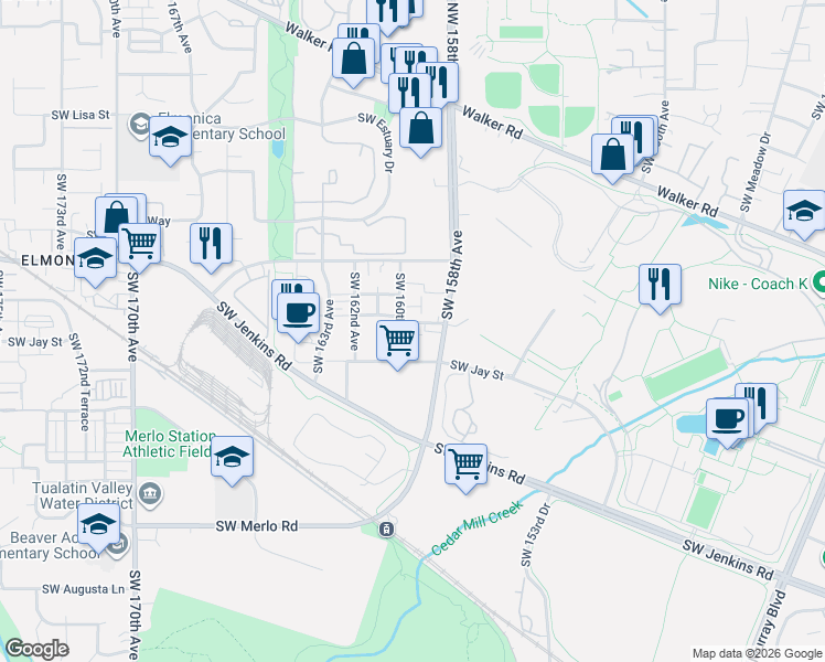 map of restaurants, bars, coffee shops, grocery stores, and more near 15943 Southwest Kaylynn Lane in Beaverton