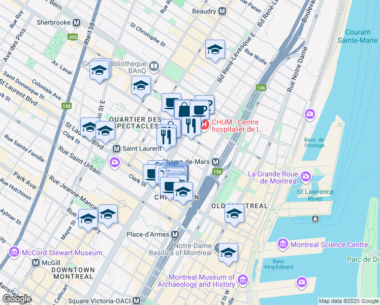 map of restaurants, bars, coffee shops, grocery stores, and more near 1070 Rue Sainte-Elisabeth in Montréal