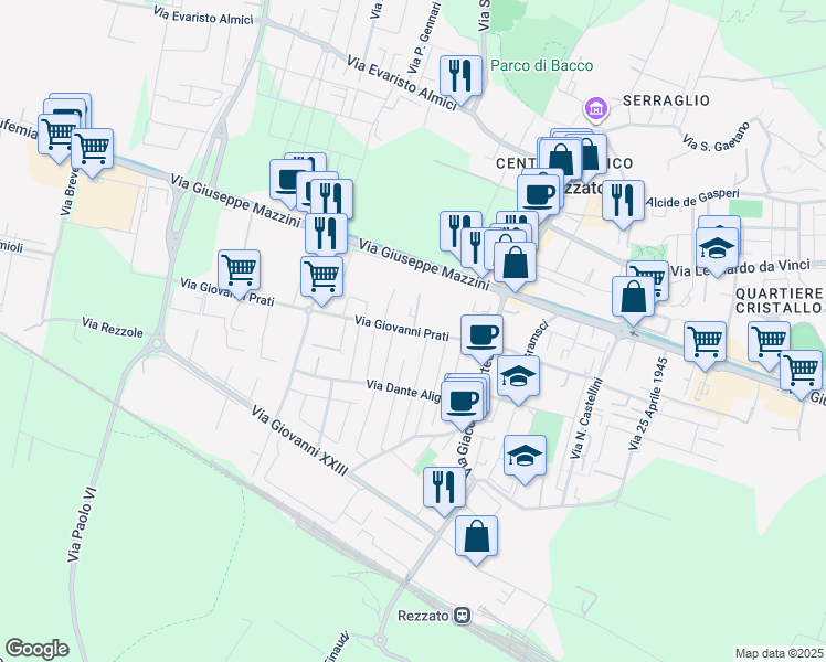 map of restaurants, bars, coffee shops, grocery stores, and more near 14 Via I Maggio in Rezzato