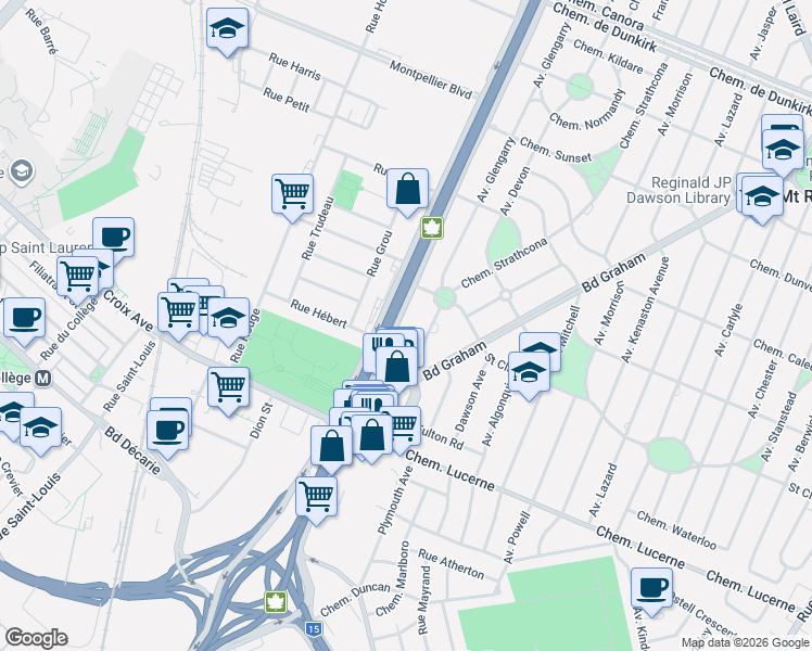map of restaurants, bars, coffee shops, grocery stores, and more near 3710 Chemin de la Côte-de-Liesse in Mont-Royal