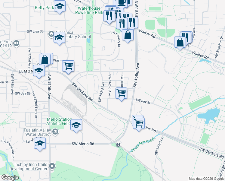 map of restaurants, bars, coffee shops, grocery stores, and more near 16115 Southwest Jay Street in Beaverton