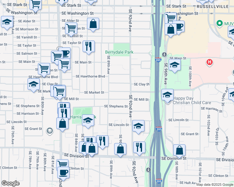 map of restaurants, bars, coffee shops, grocery stores, and more near 9004 Southeast Market Street in Portland