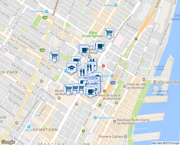 map of restaurants, bars, coffee shops, grocery stores, and more near 185 Boulevard René-Lévesque Est in Montréal