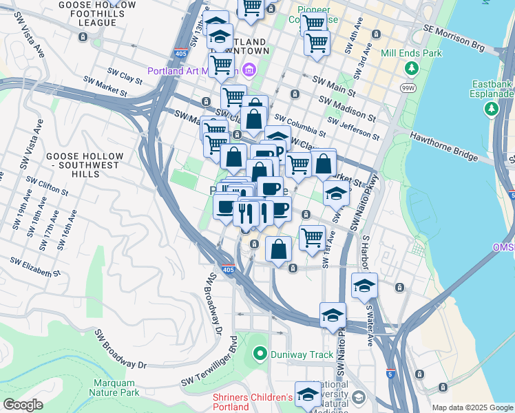 map of restaurants, bars, coffee shops, grocery stores, and more near 1881 Southwest 5th Avenue in Portland
