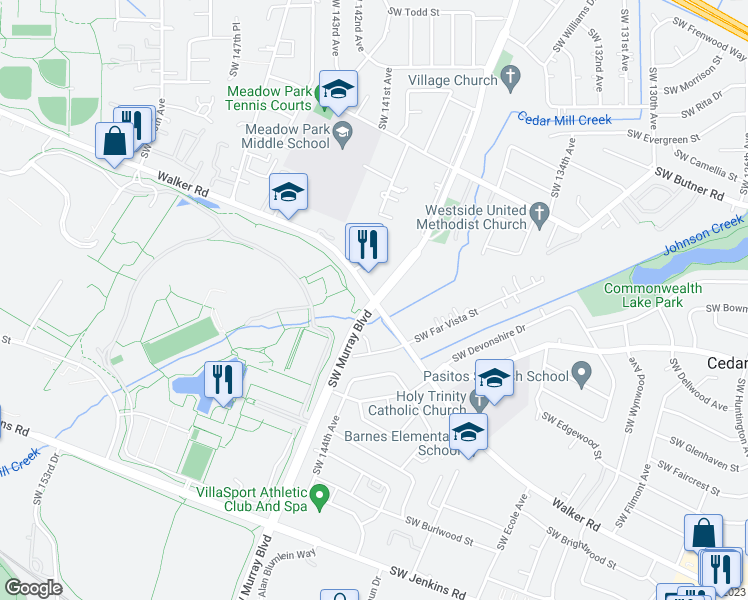 map of restaurants, bars, coffee shops, grocery stores, and more near Southwest Walker Road in Beaverton