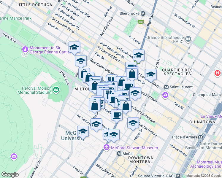 map of restaurants, bars, coffee shops, grocery stores, and more near 201 Rue Milton in Montréal