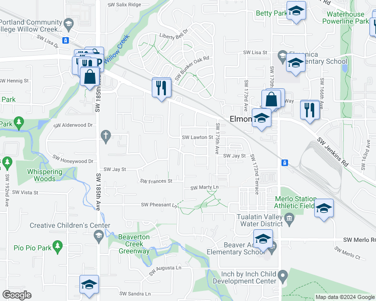 map of restaurants, bars, coffee shops, grocery stores, and more near 17755 Southwest Jay Street in Beaverton
