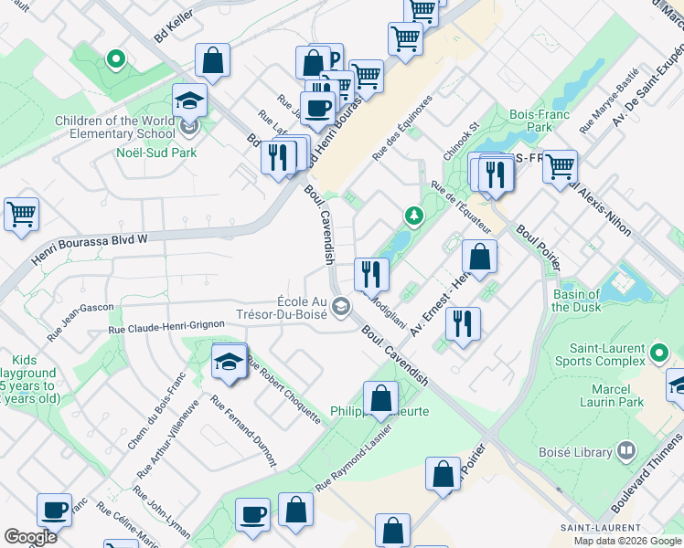 map of restaurants, bars, coffee shops, grocery stores, and more near 14271 Boulevard Cavendish in Montrã©Al
