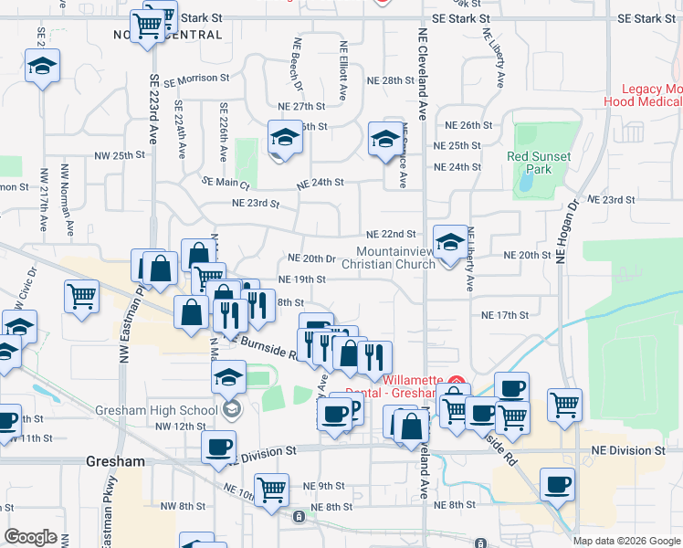 map of restaurants, bars, coffee shops, grocery stores, and more near 489 Northeast 18th Street in Gresham