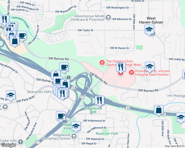 map of restaurants, bars, coffee shops, grocery stores, and more near 9615 Southwest Barnes Road in Portland