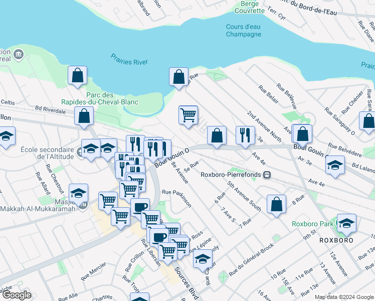 map of restaurants, bars, coffee shops, grocery stores, and more near 11400 Gouin Boulevard West in Montreal