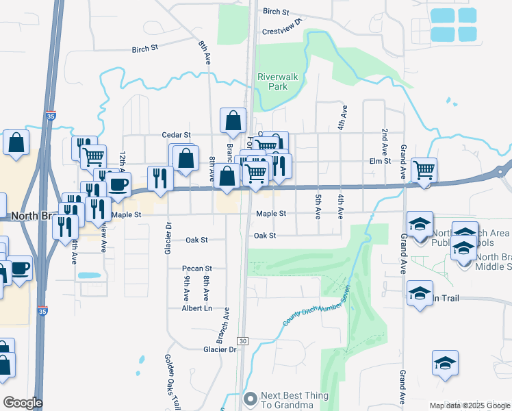 map of restaurants, bars, coffee shops, grocery stores, and more near 6311 Maple Street in North Branch