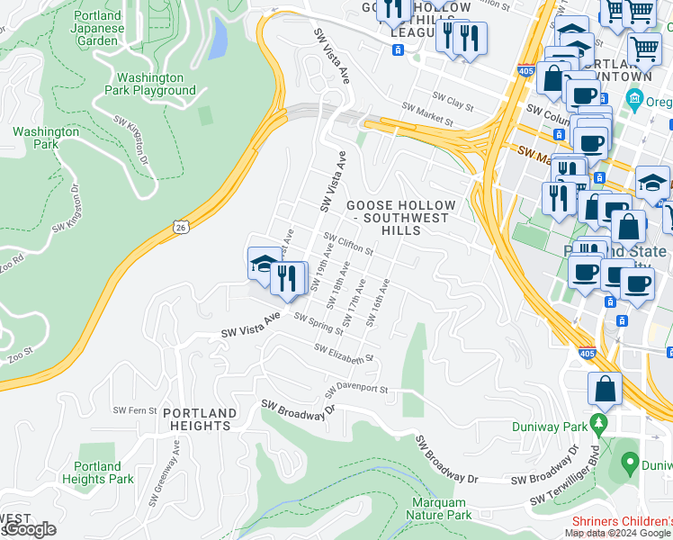 map of restaurants, bars, coffee shops, grocery stores, and more near 1812 Southwest Myrtle Street in Portland
