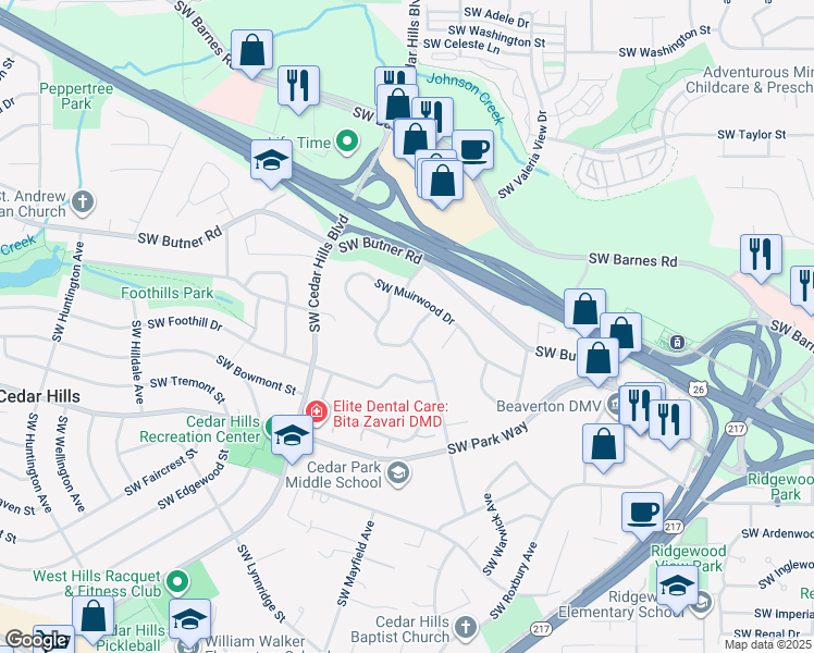 map of restaurants, bars, coffee shops, grocery stores, and more near 1285 Southwest Orinda Way in Portland