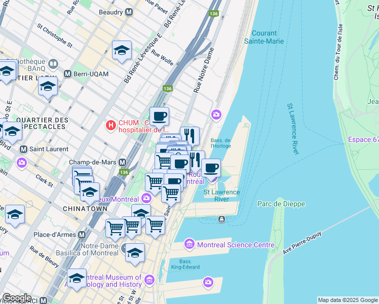 map of restaurants, bars, coffee shops, grocery stores, and more near in Montreal