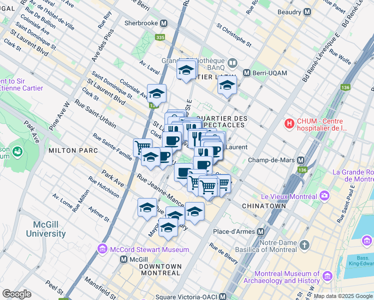 map of restaurants, bars, coffee shops, grocery stores, and more near in Montreal