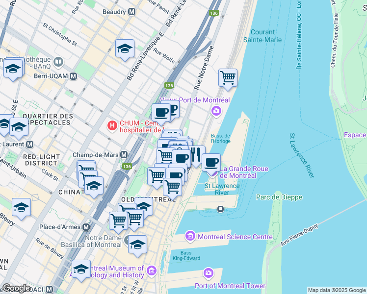 map of restaurants, bars, coffee shops, grocery stores, and more near 455 Rue Saint-Paul East in Montréal
