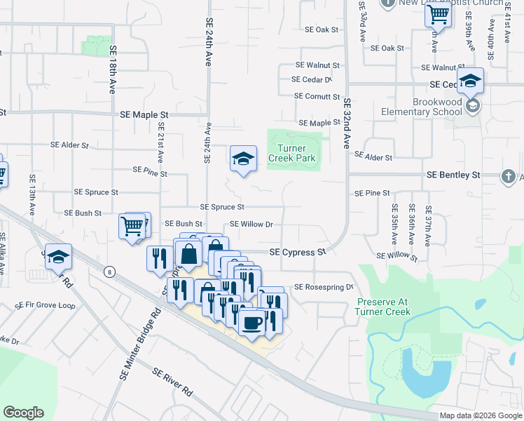 map of restaurants, bars, coffee shops, grocery stores, and more near 2706 Southeast Spruce Street in Hillsboro