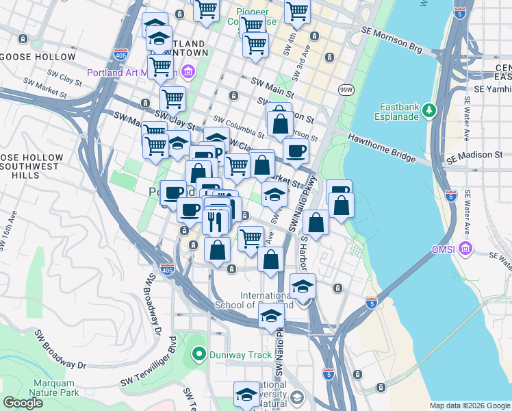 map of restaurants, bars, coffee shops, grocery stores, and more near in Portland
