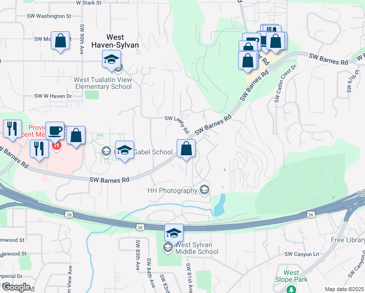 map of restaurants, bars, coffee shops, grocery stores, and more near in West Haven-Sylvan