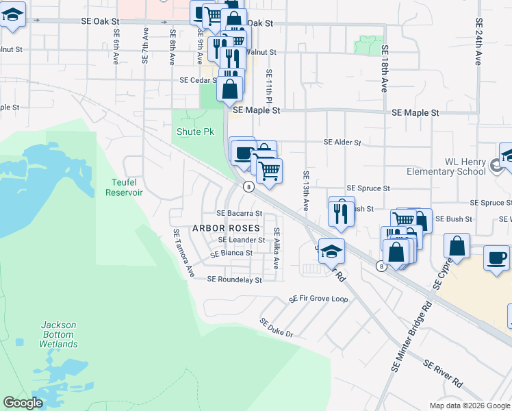 map of restaurants, bars, coffee shops, grocery stores, and more near 1038 Southeast Nazomi Avenue in Hillsboro