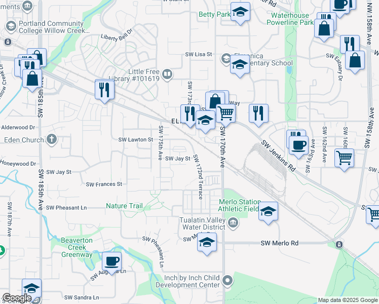 map of restaurants, bars, coffee shops, grocery stores, and more near 1365 Southwest 170th Avenue in Beaverton