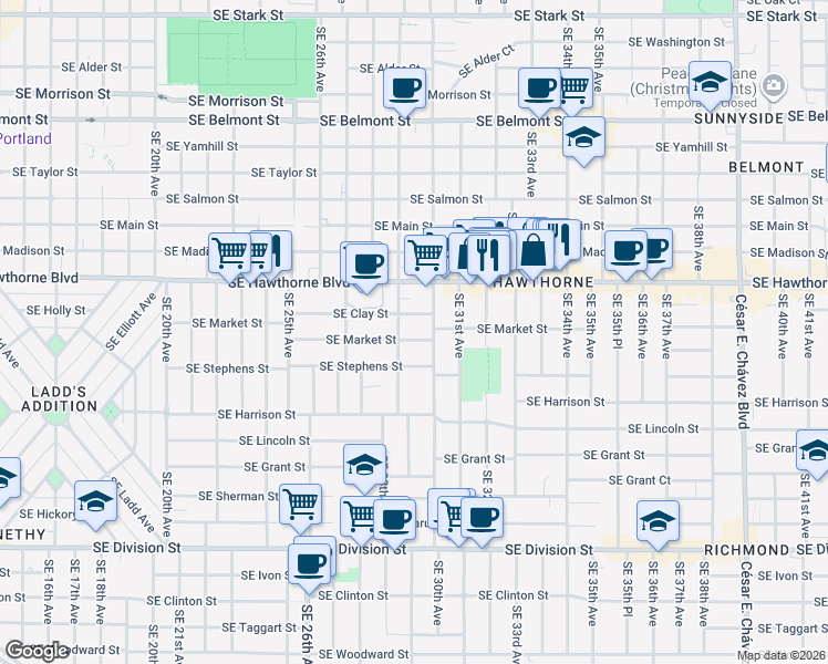 map of restaurants, bars, coffee shops, grocery stores, and more near 2925 Southeast Stephens Street in Portland
