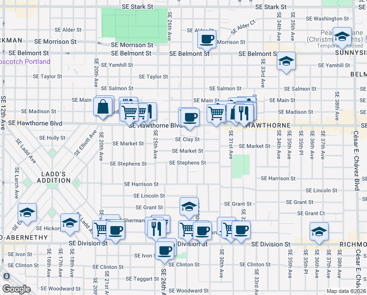map of restaurants, bars, coffee shops, grocery stores, and more near 2639 Southeast Stephens Street in Portland