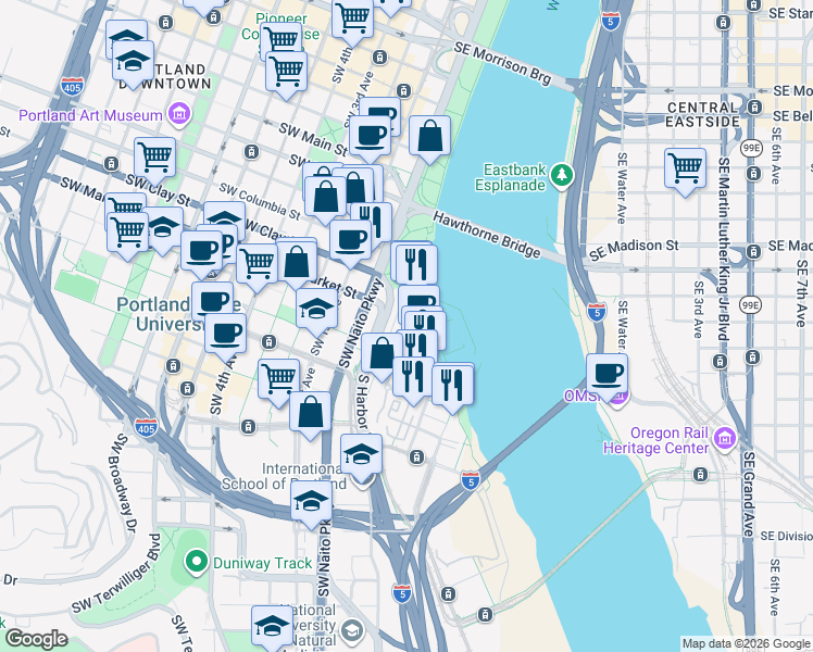 map of restaurants, bars, coffee shops, grocery stores, and more near 1750 South Harbor Drive in Portland