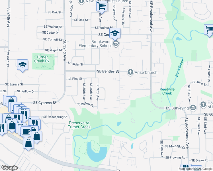 map of restaurants, bars, coffee shops, grocery stores, and more near 3817 Southeast Spruce Street in Hillsboro